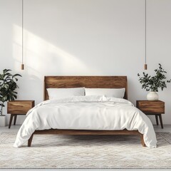 A minimalist bedroom with bed and accompanying wooden nightstands