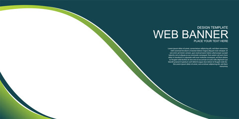 Modern corporate web banner template featuring a high-rise city skyline with futuristic skyscrapers. The design incorporates a sleek, curved green wave element, creating a professional business.