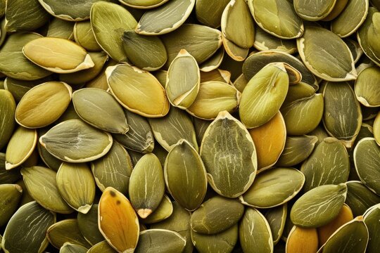 A close-up view of numerous green pumpkin seeds, showcasing their texture and natural color. - Powered by Adobe
