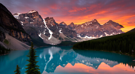 Sunset Mountain Lake Reflection Colorful Sky