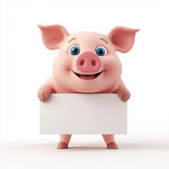 Fototapeta premium 3d A cartoon pig with a happy expression, leaning against a blank white rectangular sign
