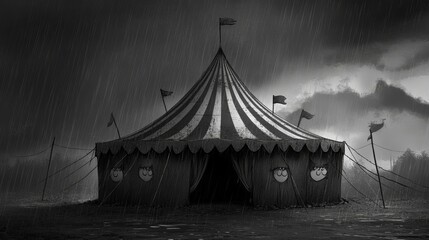 Eerie circus tent stands in pouring rain.