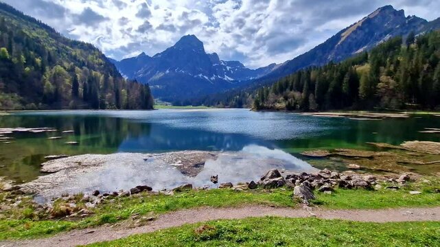 Switzerland nature scenery. amazing Swiss Alps scenic landscape.  picturesque mountain lake Obersee. 4k hd video
