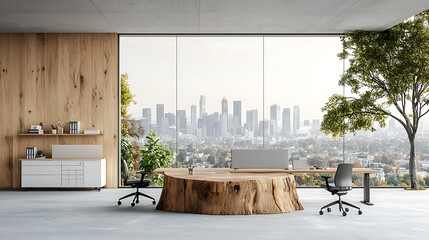 Modern, sustainable office with city view.  Large windows showcasing cityscape and lush greenery.  Wooden desk features unique tree stump design