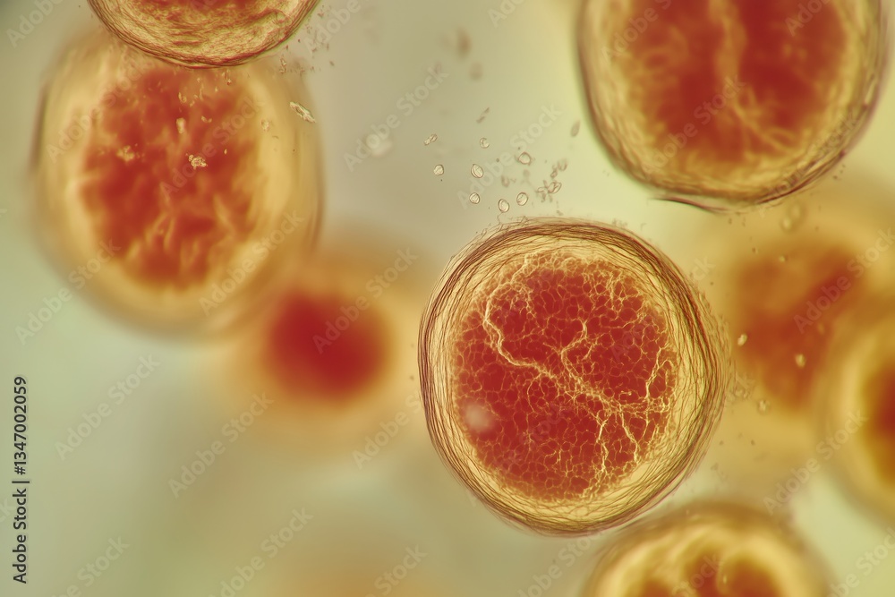Poster microscopic view shows cellular structures. red and orange cells contrast with the neutral backgroun