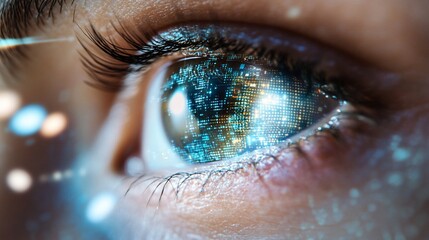 Woman's eye, digital data reflection, futuristic city backdrop, technology concept