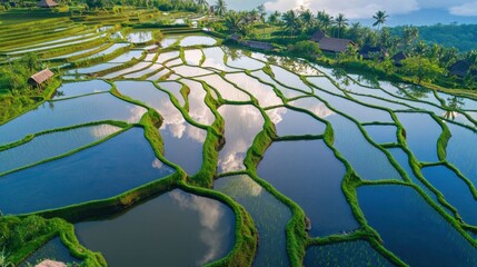 Naklejka premium Aerial view of lush rice paddies.