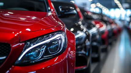 Lineup of Luxury: A striking collection of luxury automobiles gleam, showcasing their sleek designs and vibrant colors in an alluring display.