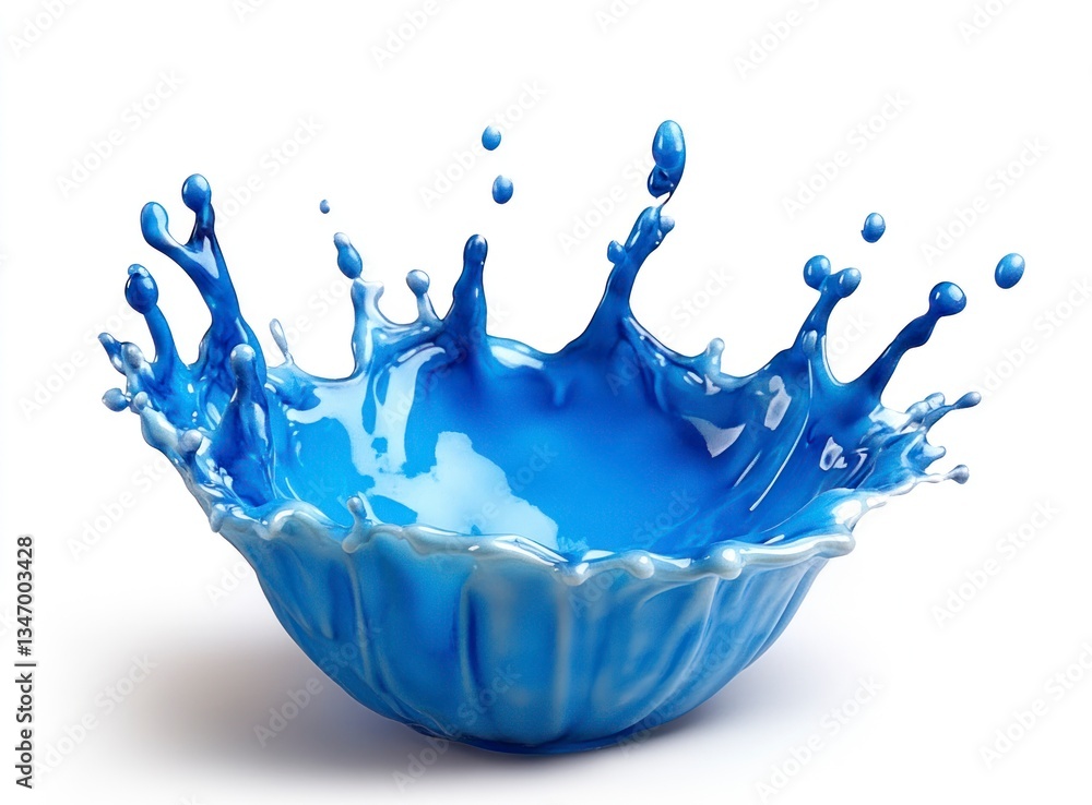 Poster blue paint splashing from a container on white background with drops