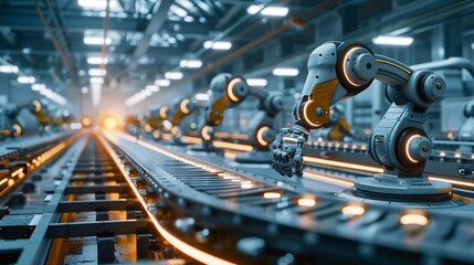 Obraz premium Robotic arms working on futuristic conveyor belt background in automated factory