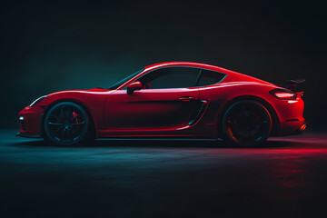 Naklejka premium Luxury Red Coupe: A sleek, luxurious red sports coupe gleams under studio lighting, its curves and design radiating power and sophistication.