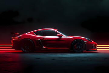 Fototapeta premium Vivid Red Sports Car: A sleek, modern sports car in a striking shade of red, captured in a dramatic studio setting. Featuring the car's aerodynamic lines, illuminated by vibrant neon lights.
