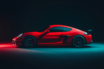 Obraz premium Vibrant Red Sports Car: A dynamic and sleek red sports car is dramatically lit against a dark background.
