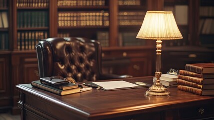Classic library study desk, leather chair, books, lamp
