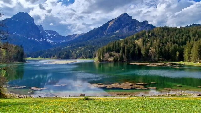 Switzerland nature scenery. amazing Swiss Alps scenic landscape.  picturesque mountain lake Obersee. 4k hd video
