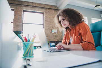 Young woman with curly hair working on a laptop in a bright and spacious office environment