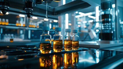 Pharmaceutical Laboratory Background with Vials and Precision Equipment