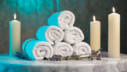 Spa serenity with towels, candles and lavender.