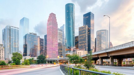 Obraz premium Glowing City Skyline at Dusk with Beautiful Buildings and Lights