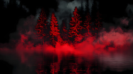 Fototapeta premium Eerie Forest Reflection: A surreal scene of a forest shrouded in darkness, with glowing red mist and the trees reflected in a still body of water, creating an ethereal atmosphere.
