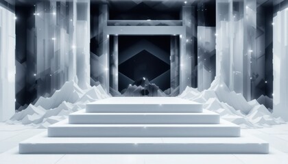 Obraz premium Geometric Art Installation, Layered White Shapes, Modern Gallery, Digital Artwork, Minimalist Environment, Eye-Level Viewpoint