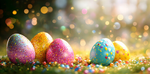 A festive Easter scene with colorful, glittery eggs amidst a bokeh background. Perfect for spring and holiday themes.