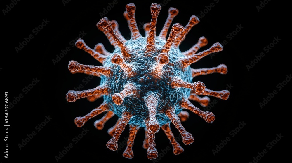 Aufkleber detailed 3d render of a generic virus particle with orange spikes on a blue sphere. microscopic view