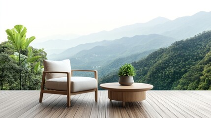 Fototapeta premium Serene Mountain View from a Wooden Deck: Relaxing Chair and Coffee Table