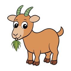 A cute cartoon goat happily munches on fresh green grass, with big, bright eyes and a playful stance, surrounded by a peaceful meadow under a sunny sky.