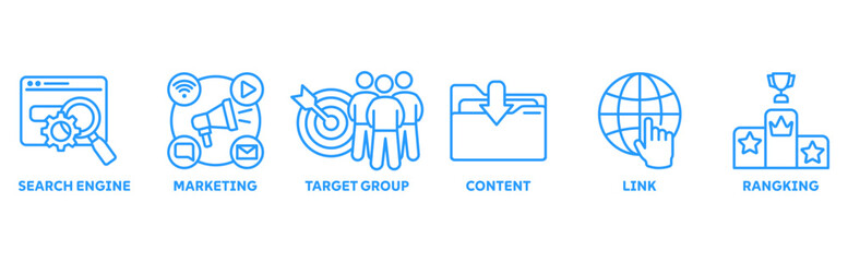Search Engine Marketing (SEM) icon set illustration concept with icons of search engine, marketing, target group, content, links, ranking