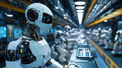 Fototapeta premium Robotic Factory Assembling AI-Powered Machines