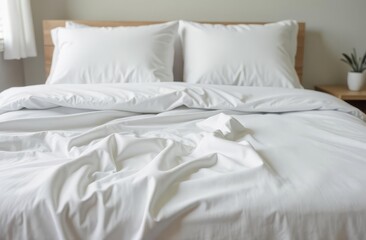 Disassembled bed with white crumpled bed linen in clean cozy room