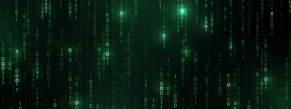 Vector digital code rain in a Matrix inspired futuristic style. High-tech backdrop with glowing binary characters. Binary Software Programming Code Background. Digital Data Technology Concept.