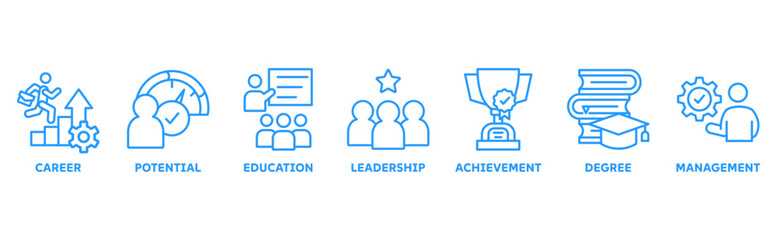 MBA icon set illustration concept with icon of career, potential, education, leadership, achievement, degree and management 