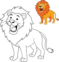 A fun cartoon lion roaring with its mouth wide open, showing its sharp teeth. The lion's mane is fluffy and exaggerated, perfect for a bold and colorful coloring page.