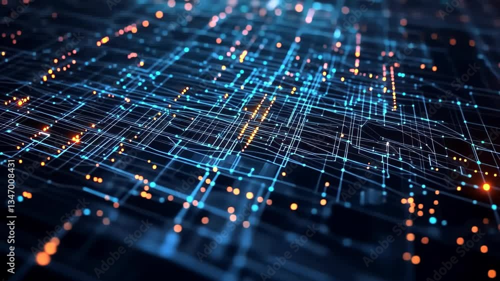 Poster exploring the intricate patterns of digital data and light in a virtual landscape