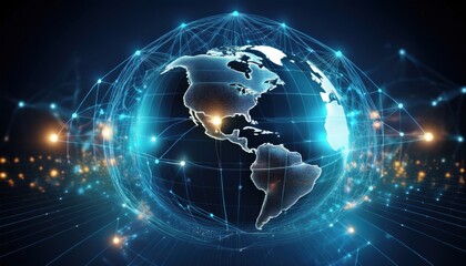 Obraz premium A vibrant illustration shows a digital globe connected by finance and banking data streams.
