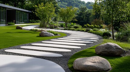 Naklejka premium Walking Along Modern Stone Path in Lush Green Garden Landscape