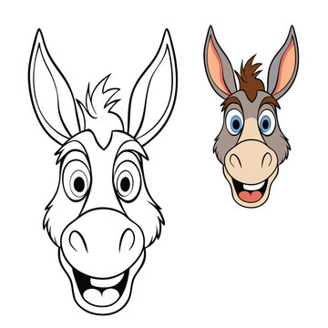 A cartoon of a funny donkey with a big, goofy smile, oversized ears, and wide eyes. Its head is comically large, adding to its silly, playful expression.