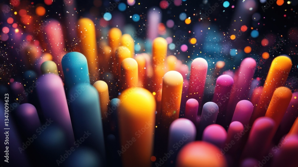 Poster vibrant rounded pillars amidst sparkling bokeh a mesmerizing abstract landscape of colorful forms an