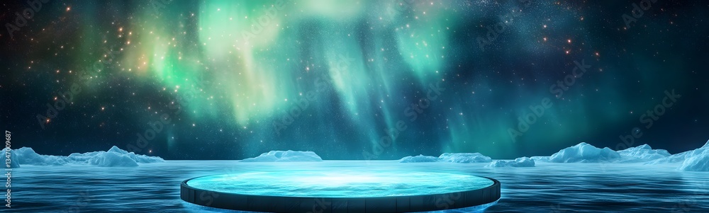 Aufkleber a podium on a floating ice platform, illuminated by the shimmering aurora.