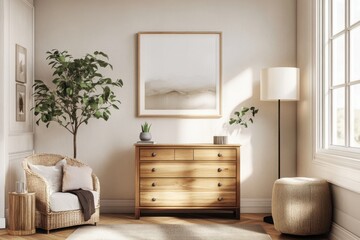 Light Living Room Interior with Dresser, Shelf, and Art Decoration Mockup Frames