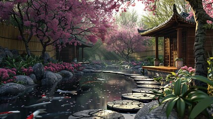 Obraz premium Serene Japanese Garden Background with Cherry Blossoms and Koi Pond