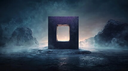 Mysterious stone portal in a foggy landscape