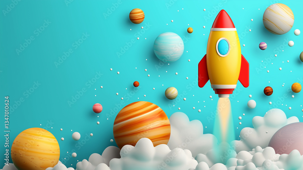 Poster vibrant rocket is soaring through colorful space scene filled with various planets and fluffy clouds