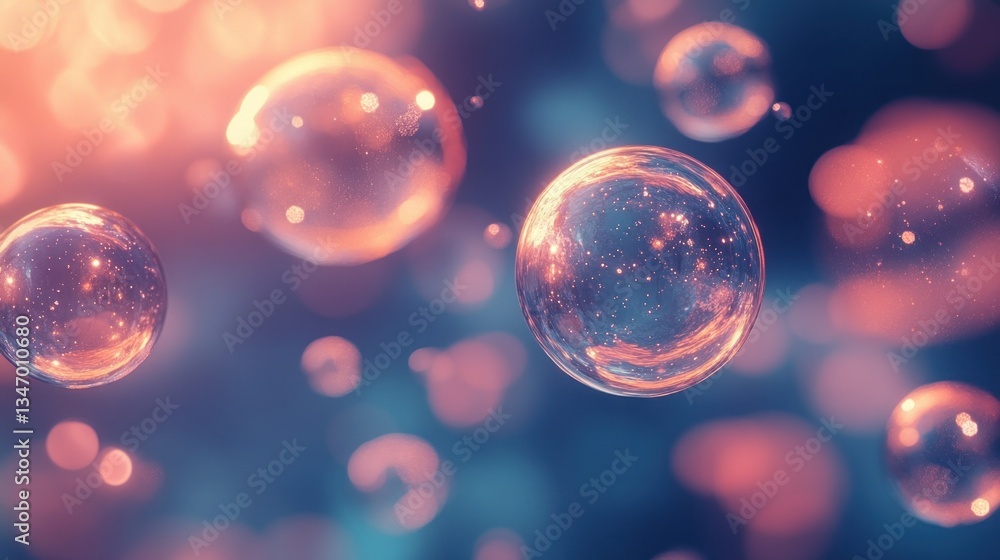 Poster ethereal soap bubbles floating in a dreamy space with soft light and bokeh elements creating a seren