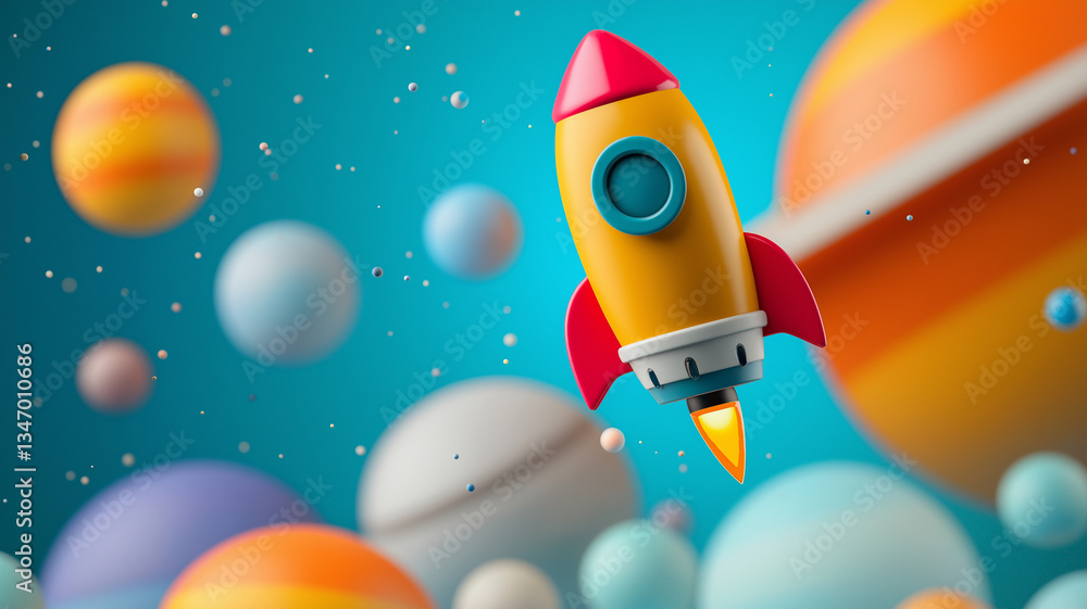 Poster colorful rocket is flying through vibrant space filled with various planets, creating whimsical and 