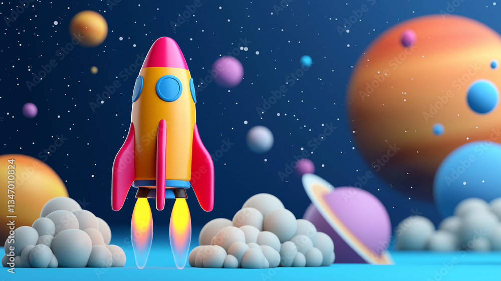 Poster colorful rocket is soaring through vibrant space scene filled with planets and clouds, evoking sense