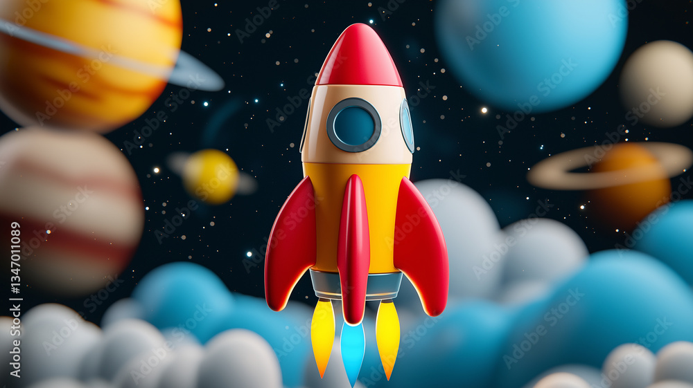 Poster colorful rocket is soaring through vibrant space scene filled with planets and clouds, evoking sense