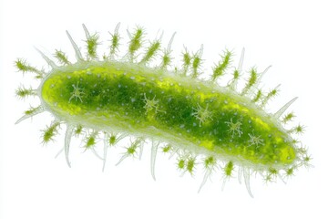 Fototapeta premium Close-up of a green, single-celled organism with spike-like structures and internal bodies, set against a clean white background.